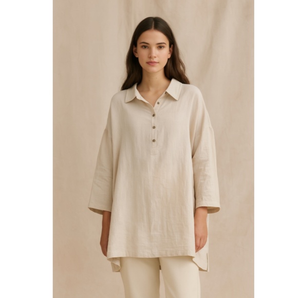 J. Jill Love Linen Women's Popover Shirt Drop Shoulder Beige ¾ Sleeves Medium - Picture 1 of 8
